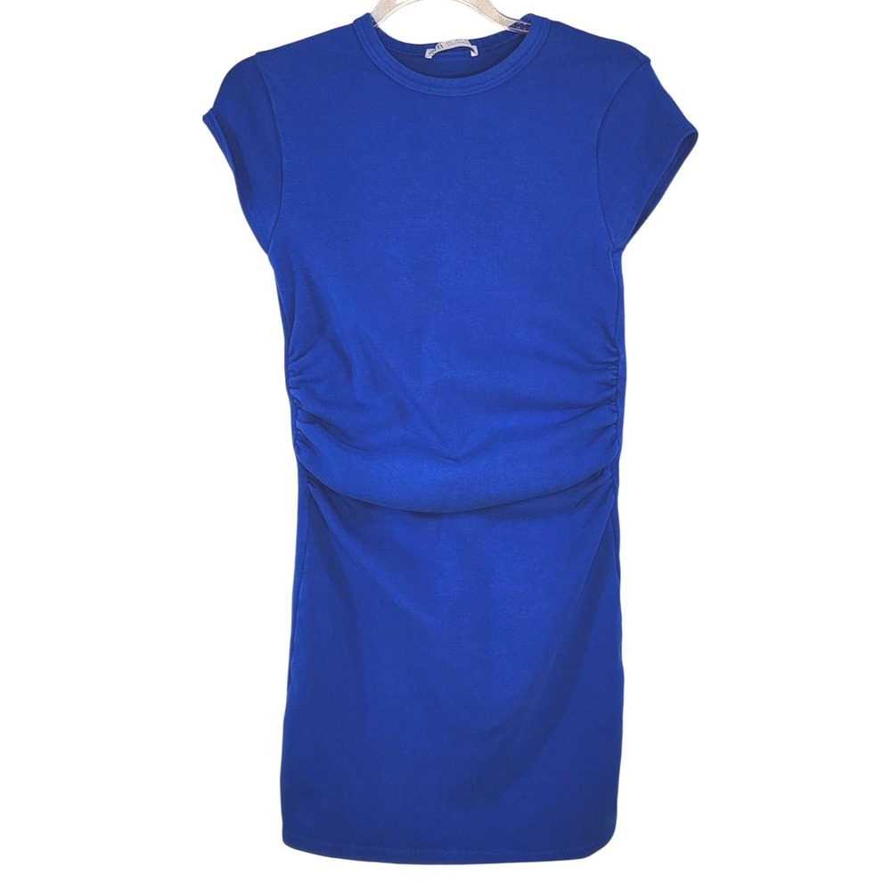 Zara Blue Ruched Side Short Sleeve‎ Knit Dress Women's Large EUC
